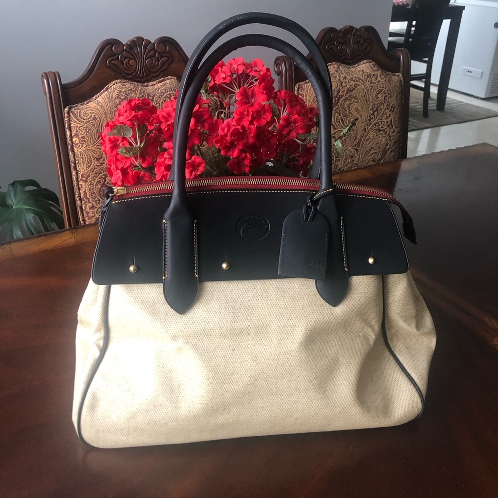 Dooney & Bourke Navy Leather Tan Coated Canvas Large Panama Wilson Satchel Bag
